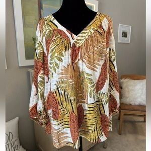 Jane + Delancey Large Blouse 3/4 Sleeve Leaf Print Textured Tropical Vacation